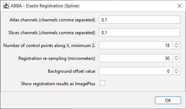 Spline registration parameters